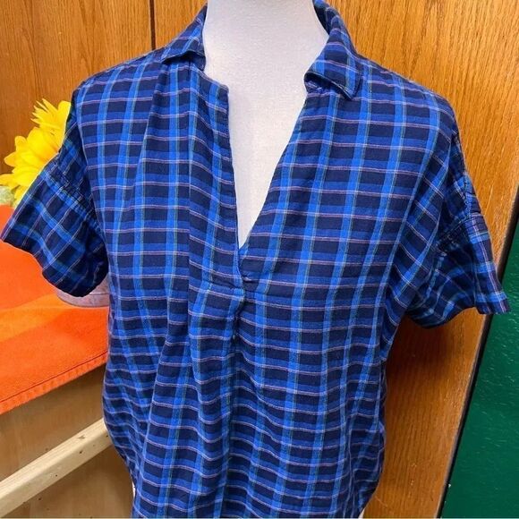 EUC Madewell Blue Plaid V-neck Short-sleeved Top #218 - Picture 6 of 8